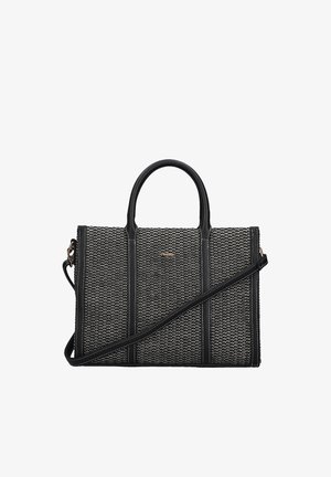 Sac à main tissé en noir et blanc avec deux poignées supérieures et une longue bandoulière réglable, de forme rectangulaire avec un logo doré subtil à l'avant.
