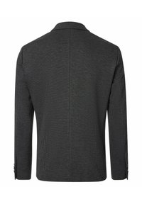 Schwarzes strukturiertes Blazer mit dezentem Karomuster, Reverskragen, langen Ärmeln und geknöpften Manschetten, mit einer taillierten Rückendetails.