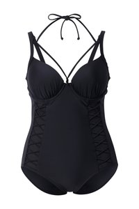 Costume intero nero con coppe imbottite, spalline a collo a fascia e pannelli in rete incrociati ai lati.