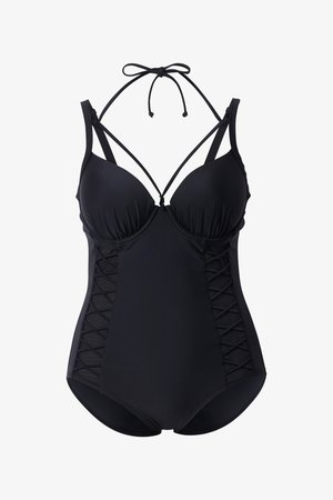 Bañador de una pieza negro con copas acolchadas, lazo tipo halter en el cuello y paneles de malla cruzados a los lados.