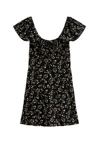 Abito nero con maniche corte a campana e scollatura a girocollo, decorato con un motivo floreale di piccoli fiori rosa e foglie verdi.