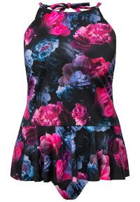 Abito da bagno floreale nero con vivaci stampe di peonie rosa e blu. Presenta una gonna svasata, legami al collo a halter e tessuto morbido per costumi da bagno.