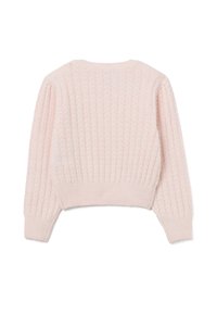 Hellrosa, kurz geschnittenem Strickpullover mit strukturiertem Rippenmuster und puffigen Ärmeln. Mit Rundhalsausschnitt und schmalen Bündchen.