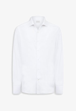 Camicia da uomo bianca a maniche lunghe con bottoni davanti e colletto classico, mostrata su uno sfondo bianco semplice.