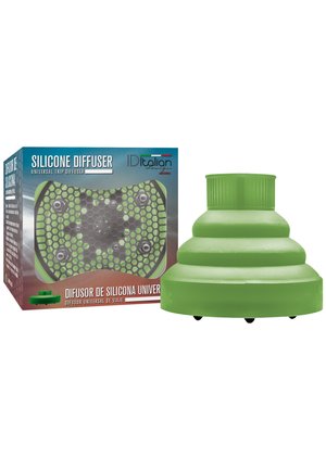 Difusor universal para trípode de silicona verde, junto a su caja de embalaje que muestra la imagen del producto y la marca en inglés y español.
