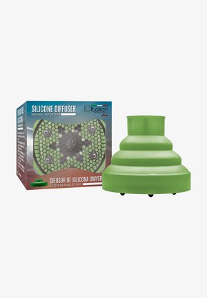 Difusor universal para trípode de silicona verde, junto a su caja de embalaje que muestra la imagen del producto y la marca en inglés y español.