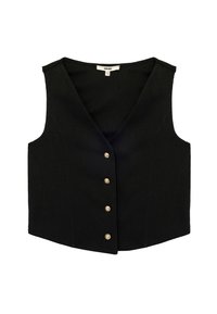 Chaleco negro sin mangas con cuello en V, hecho de un tejido texturizado. Presenta cinco botones dorados en la parte frontal y un dobladillo recto.