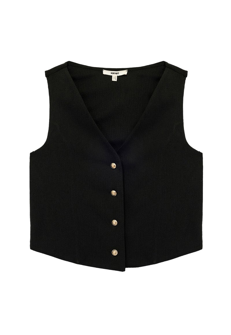 Chaleco negro sin mangas con cuello en V, hecho de un tejido texturizado. Presenta cinco botones dorados en la parte frontal y un dobladillo recto.