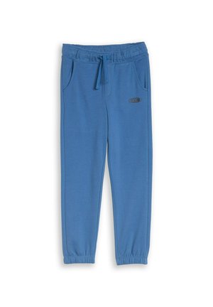 Pantalon de jogging bleu à taille élastique avec cordon de serrage, poches latérales, chevilles à revers et petit logo "NYC" sur la cuisse gauche.