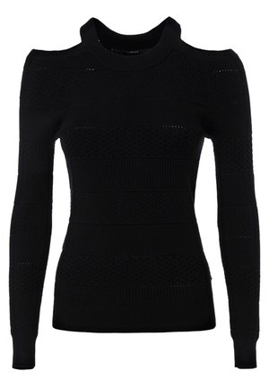 Czarny dziergany sweter z długim rękawem, z wycięciami na ramionach i teksturowanymi poziomymi paskami.