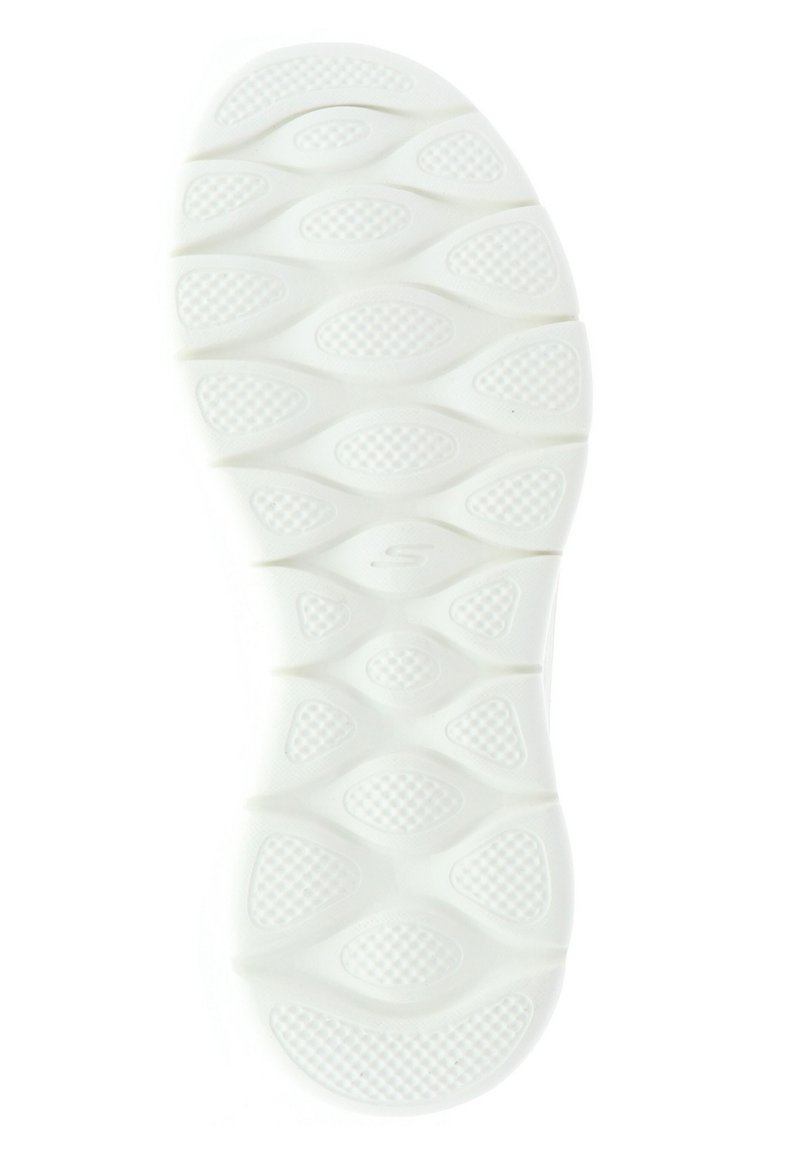 Suela de zapatilla de goma blanca con un patrón texturizado de óvalos y surcos, diseñada para ofrecer tracción y comodidad.