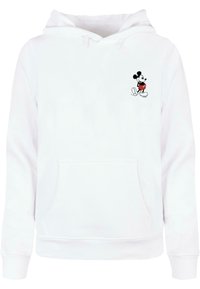 Fehér kapucnis pulóver kevert pamutból, a mellkasán egy kis fekete és piros Mickey Mouse mintával és elülső kenguru zsebbel.