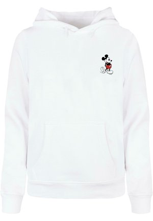 Valge kapuutsiga särk, mis on valmistatud puuvillase segust, esitades väikese musta ja punase Mickey Mouse'i disaini rinnal ning ees oleva kenguru tasku.