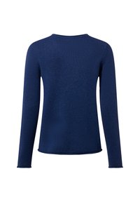 Pull long bleu marine à manches longues avec un décolleté arrondi, en tissu tricoté texturé, et une coupe droite, présentant des coutures minimales et sans embellissements.