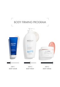 Tre Biotherm-produkter: en blå tube med kroppsskrubb, en hvit pumpeflaske med kroppsvask, og en hvit krukke med kroppskrem med et ferskenfarget lokk.