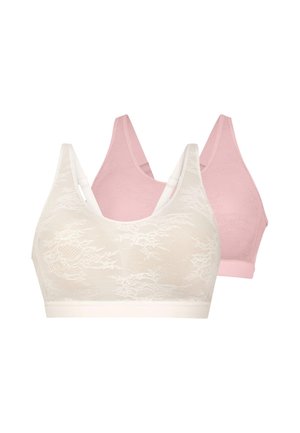 Dwa koronkowe topy bralette widziane z przodu i z tyłu, jeden biały i jeden jasnoróżowy, z szerokimi ramiączkami i bezszwowym krojem.