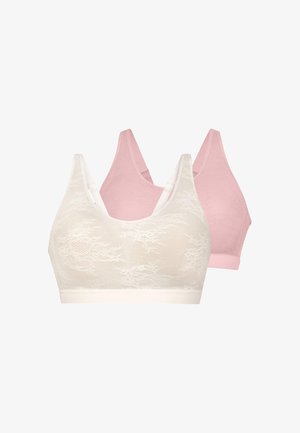 Deux tops bralette en dentelle vue de face et de dos, un blanc et un rose clair, avec des bretelles larges et un design sans coutures.