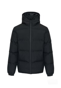 Sort pufferjakke lavet af glat, vandafvisende stof. Har en fuld frontlynlås, elastiske manchetter og en tætsiddende hætte. Letvægtig, quiltet design.