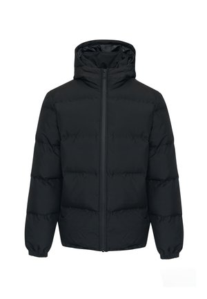 Černá nafukovací bunda vyrobená z hladkého, voděodolného materiálu. Obsahuje plný přední zip, elastické manžety a obepnutou kapuci. Lehký, prošívaný design.