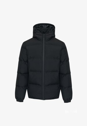 Sort pufferjakke lavet af glat, vandafvisende stof. Har en fuld frontlynlås, elastiske manchetter og en tætsiddende hætte. Letvægtig, quiltet design.