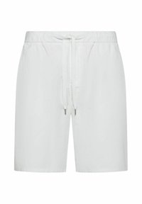 Pantaloni corti bianchi realizzati in un tessuto leggero, con cintura elastica, chiusura a coulisse e gamba dritta.