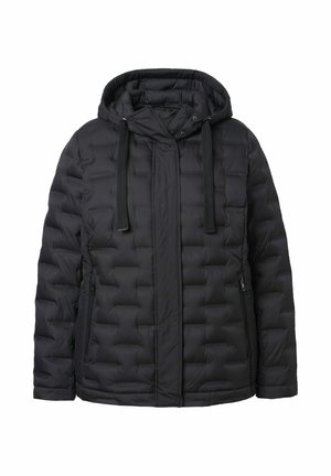 Doudoune noire avec capuche, présentant des motifs matelassés, des fermetures à cordon et des poches latérales zippées pour plus de fonctionnalité.