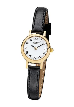 Montre ronde en or avec cadran blanc, chiffres arabes noirs, aiguilles des heures et des minutes noires, et bracelet en cuir noir.