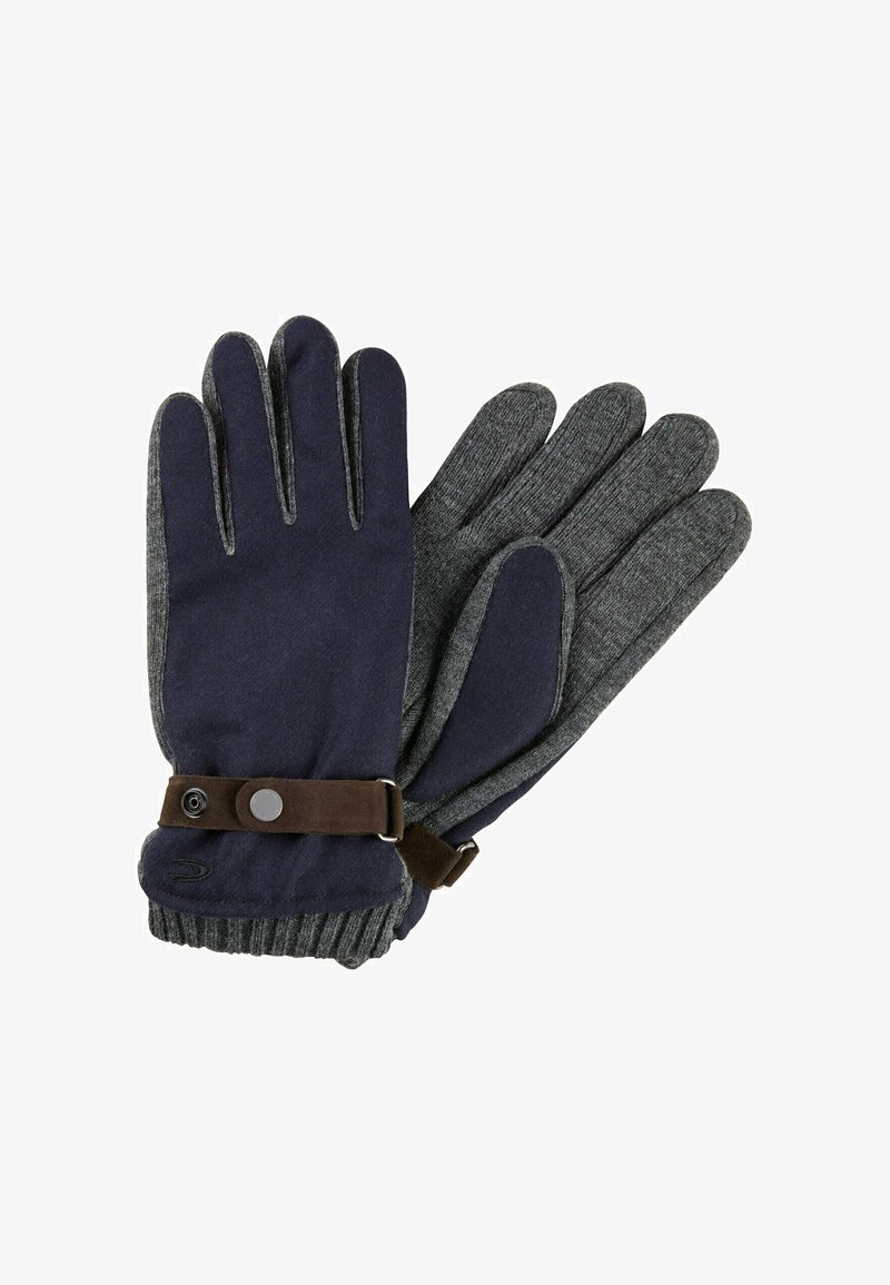 Marinehandschuhe mit grauem, strukturiertem Stoff und einem braunen Lederband. Mit einem Knopfakzent und einem gerippten Bündchen für einen sicheren Sitz.