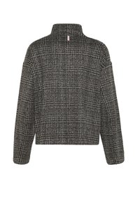 Kraftigt svart och gråmönstrad jacka med hög krage, långa ärmar och ett texturerat tyg med ett rutmönster.