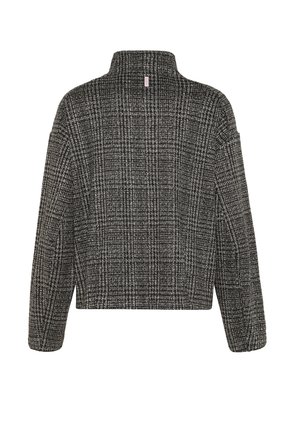 Giacca cropped nera e grigia con un alto colletto, maniche lunghe e un tessuto testurizzato con un design a griglia.