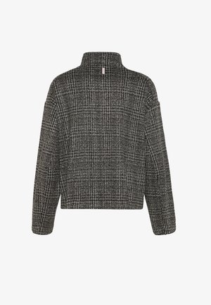 Giacca cropped nera e grigia con un alto colletto, maniche lunghe e un tessuto testurizzato con un design a griglia.