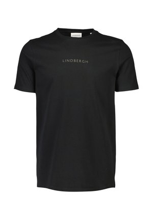 T-shirt in cotone nero con maniche corte e scollatura rotonda. Presenta il logo dorato "LINDDBERGH" stampato sul davanti. Texture liscia.