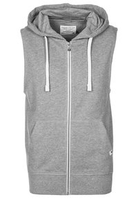 Felpa grigia senza maniche realizzata in tessuto morbido, con cerniera frontale, due tasche laterali e cordoncini sul cappuccio.