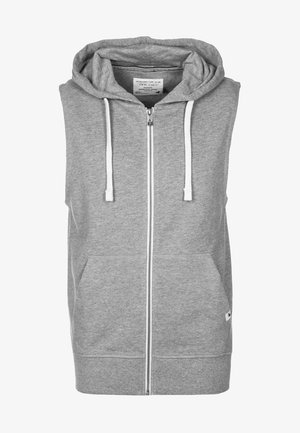 Szara bezrękawnikowa bluza z kapturem wykonana z miękkiego materiału, wyposażona w przedni zamek błyskawiczny, dwie boczne kieszenie oraz sznurki przy kapturze.