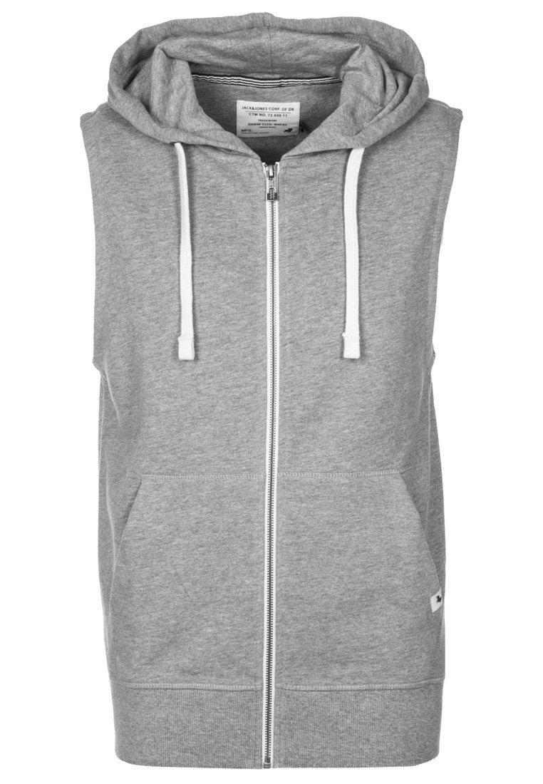 Felpa grigia senza maniche realizzata in tessuto morbido, con cerniera frontale, due tasche laterali e cordoncini sul cappuccio.