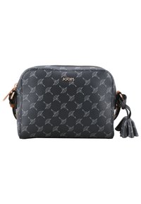 Borsa a tracolla sintetica nera con superficie texture, caratterizzata da un motivo grigio e un dettaglio con nappina. Chiusura con zip e logo del marchio visibile.