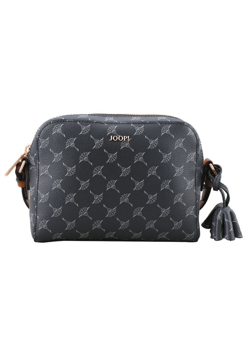 Borsa a tracolla sintetica nera con superficie texture, caratterizzata da un motivo grigio e un dettaglio con nappina. Chiusura con zip e logo del marchio visibile.