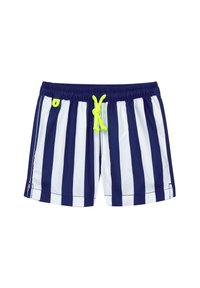 Shorts de bain rayés bleu marine et blancs avec une taille élastique et un cordon de serrage jaune. Texture lisse, design décontracté et longueur au-dessus du genou.