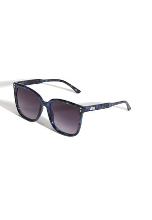 Square sunglasses with a navy and teal tortoiseshell pattern, dark gradient lenses, and a logo detail on the arm.