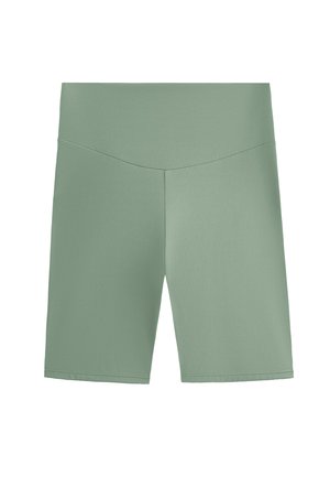 Pantaloni sportivi verde chiaro con una cintura larga, texture liscia, taglio alla lunghezza del ginocchio e senza motivi o decorazioni visibili.