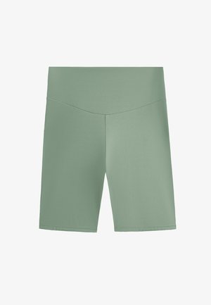 Világoszöld sportnadrág széles derékkal, sima textúrával, térd hosszúságú szabással és látható minták vagy díszítések nélkül.