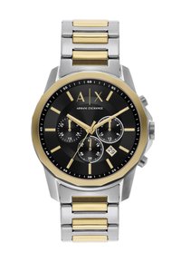 Edelstahl- und goldfarbene Armani Exchange Uhr mit schwarzem Zifferblatt, drei Hilfszifferblättern, goldfarbenen Markierungen, Datumsanzeige und Gliederarmband.