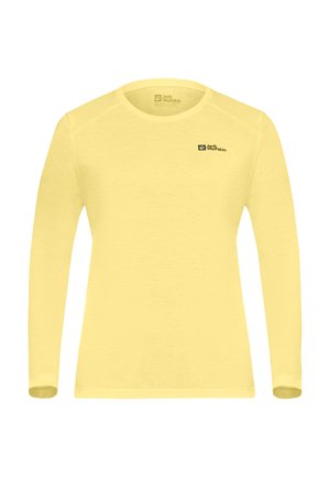 Helles gelbes Langarm-Shirt mit Rundhalsausschnitt und schwarzem Jack Wolfskin-Logo auf der linken Brust.