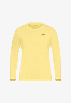 Maglietta a manica lunga giallo chiaro con scollo rotondo e logo nero Jack Wolfskin sul petto sinistro.
