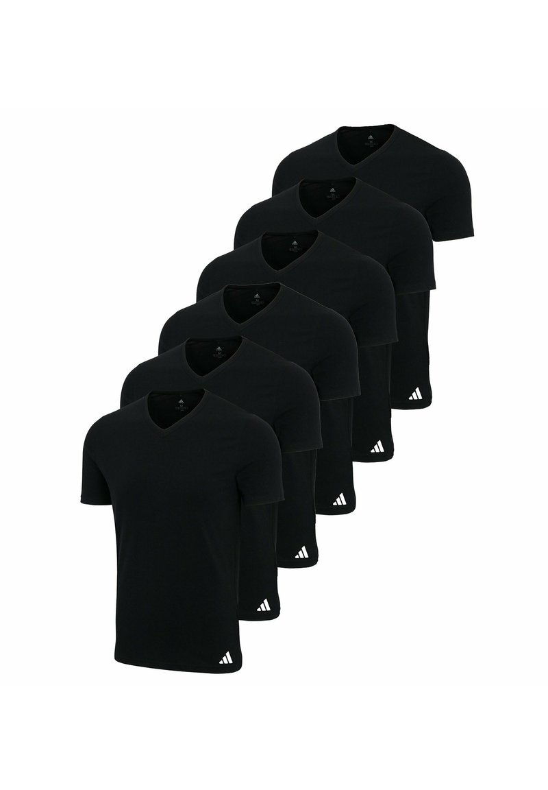 Zes zwarte v-hals t-shirts van katoen, met korte mouwen en een klein wit logo op de linksonderkant van elk shirt.