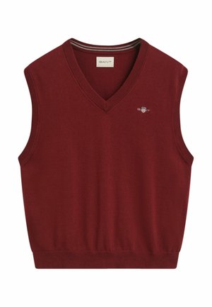 Rode mouwloze sweatervest met een V-hals, gemaakt van een zachte breimateriaal. Beschikt over een klein geborduurd logo op de borst en ribgebreide randen.
