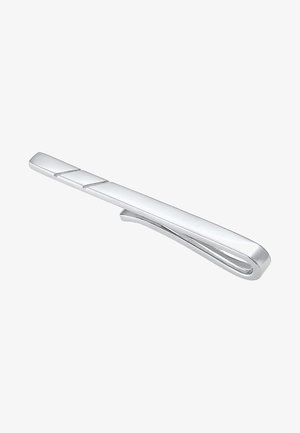 Taille-cravate argenté avec une forme élégante et allongée, présentant une surface lisse et trois lignes gravées pour ajouter texture et détails.
