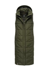 Długa, bezrękawnikowa, oliwkowozielona kamizelka puchowa z kapturem, pikowanym wzorem, guzikami z przodu i bocznymi kieszeniami. Miękka, ocieplana tkanina zapewniająca ciepło.