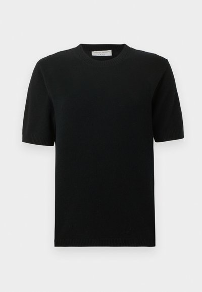 Black short-sleeve sweater featuring a ribbed crew neckline and hem, crafted from a smooth knit fabric with a classic, fitted shape.