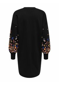 Robe sweat noire avec des manches surdimensionnées ornées de broderies florales multicolores, un col côtelé et des manches à poignets pour un effet texturé.